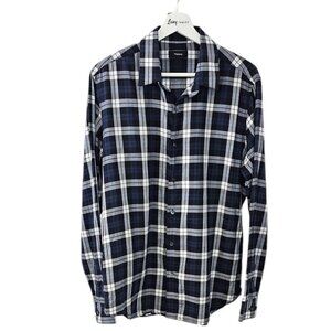 Theory Mens Sylvain Cullen Button Down Shirt, Long Sleeve, Plaid, Blue, Size L